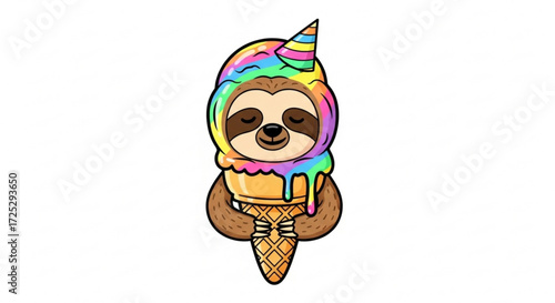 A cute sloth wearing an ice cream cone hat, a whimsical and sweet illustration that brings joy and happiness to anyone