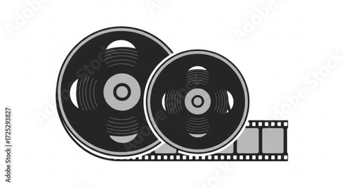 Two film reels with a strip of film, , symbolizing the world of cinema, movies, and the art of visual storytelling