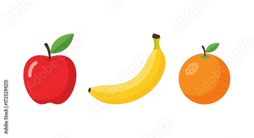 Vibrant red apple, yellow banana, and orange fruit ready for healthy eating and fresh juice