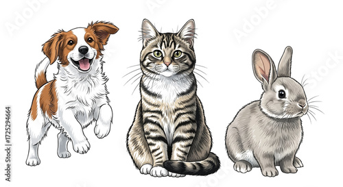 Happy dog, cat, and rabbit friends, perfect for pet lovers and animal-themed designs
