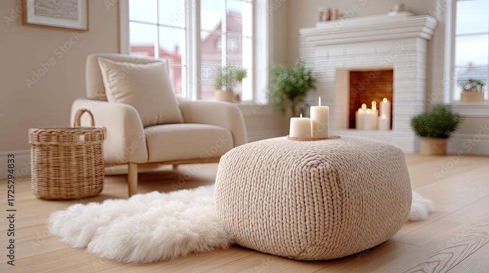 Fototapeta premium Cozy Neutral Living Room with Modern Armchair and Textured Pouf on Light Wood Floor Under Soft Daylight