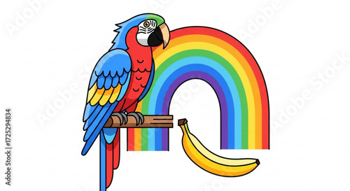 A vibrant parrot perched on a branch with a rainbow backdrop and a ripe banana, creating a colorful and tropical scene