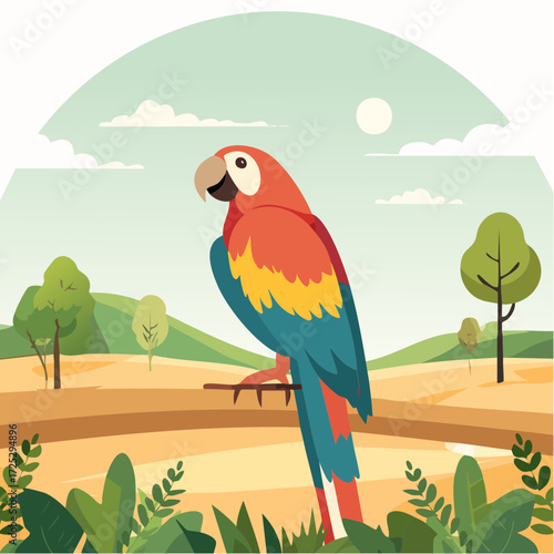 A vibrant illustration of a macaw perched on a branch in a sunny outdoor scene.