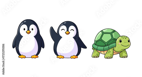 Adorable cartoon penguin and turtle friends ready for a children's book, greeting with playful charm