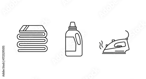 Neat laundry icons for clean home bliss, folded towels, detergent and iron promise fresh clothes