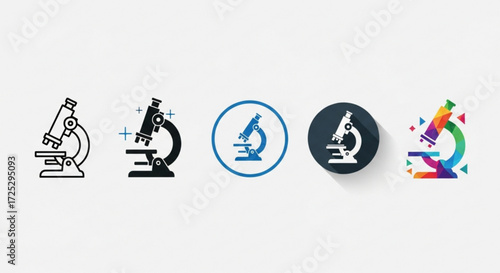 Collection of microscope icons, showcasing scientific exploration, research, and technological advancement in various styles and designs