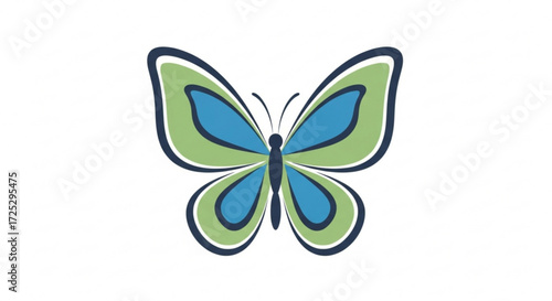 A stylized butterfly with blue and green wings, showcasing a simple yet elegant design, a symbol of transformation