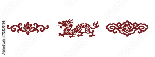 Ancient Chinese Dragon and Traditional Floral Ornaments Vector Set in Rich Red Color for Cultural Design Elements and Decoration