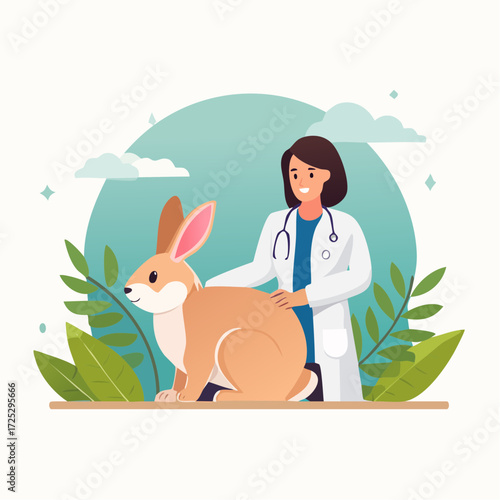A veterinarian in a white coat gently examines a brown rabbit with a stethoscope, surrounded by plants.