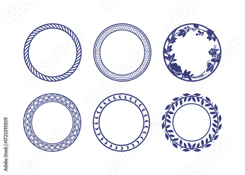 Elegant Blue Circular Frames and Wreaths Vector Collection with Rope Floral Leaf and Decorative Geometric Patterns for Design