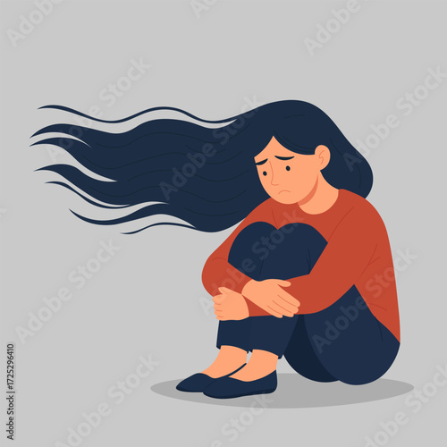 Sad woman sitting alone mental health depression anxiety illustration. lonely girl character. stress and emotional burnout concept