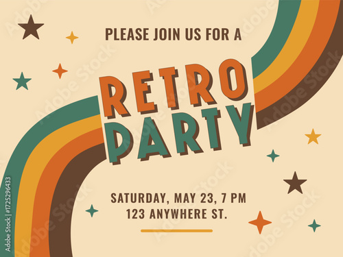 Retro party invitation with 70s rainbow and groovy typography. vintage disco flyer template. seventies retro poster design