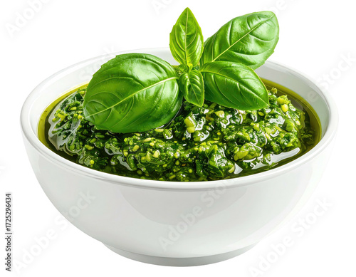 Fresh pesto in a white bowl, topped with basil leaves