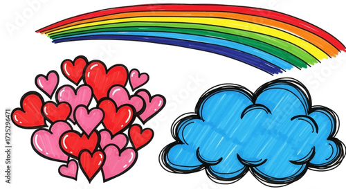 Bright rainbow with hearts and a cloud evokes feelings of joy, hope, and positivity from childlike wonder