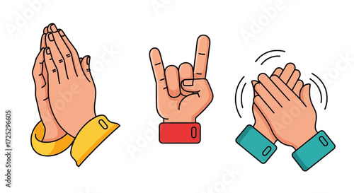 Expressive hand gestures collection, offering diverse communication through praying, rock-on, and clapping icons