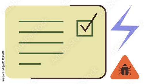 Task list card featuring a green checkbox, lines for tasks, a lightning bolt representing energy, and a warning triangle with a bug. Ideal for productivity, task management, security, workflow