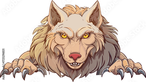 Fierce werewolf mascot snarling with sharp claws