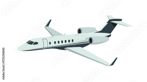 A minimalist illustration of a private jet in light gray and white colors against a black background.