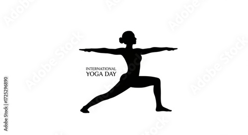 Silhouette of a woman in warrior yoga pose for world yoga day perfect for yoga studios, fitness centers, and wellness blogs