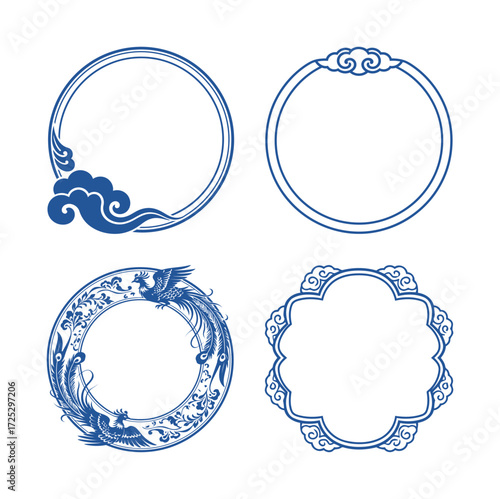 Traditional Blue Chinese Circular Frames and Decorative Borders with Auspicious Cloud and Intricate Flying Phoenix Bird Ornaments