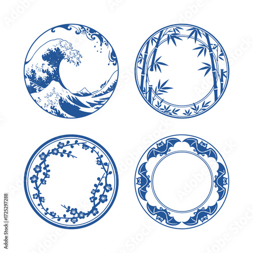 Japanese Ukiyo-e Great Wave and Traditional East Asian Blue Circular Frame Set with Bamboo Plum Blossom and Bat Ornaments