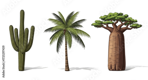 Exotic desert plants with a towering cactus, a palm, and a baobab tree offering a taste of the tropics