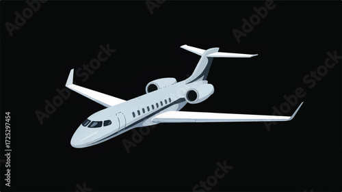 A minimalist illustration of a private jet in light gray and white colors against a black background.