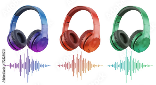 Colorful headphones and sound waves create a vibrant music experience, perfect for audio enthusiasts