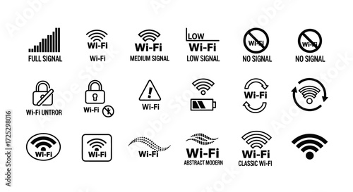 Diverse WiFi signal icons showcasing connection strength and status for modern designs and tech interfaces