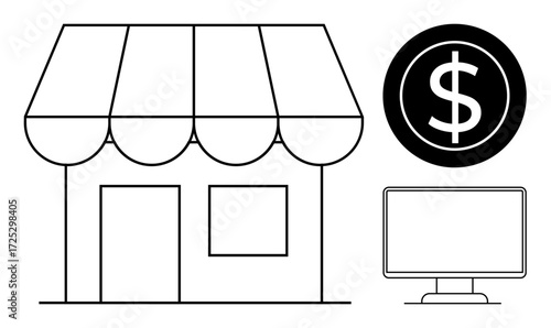 Storefront with awning, dollar sign in circle, computer monitor suggesting e-commerce, finance, and digital retail. Ideal for business growth, online marketing, financial success, digital economy