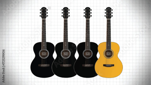 A set of four acoustic guitars arranged horizontally on a white and black checkered backgroun 