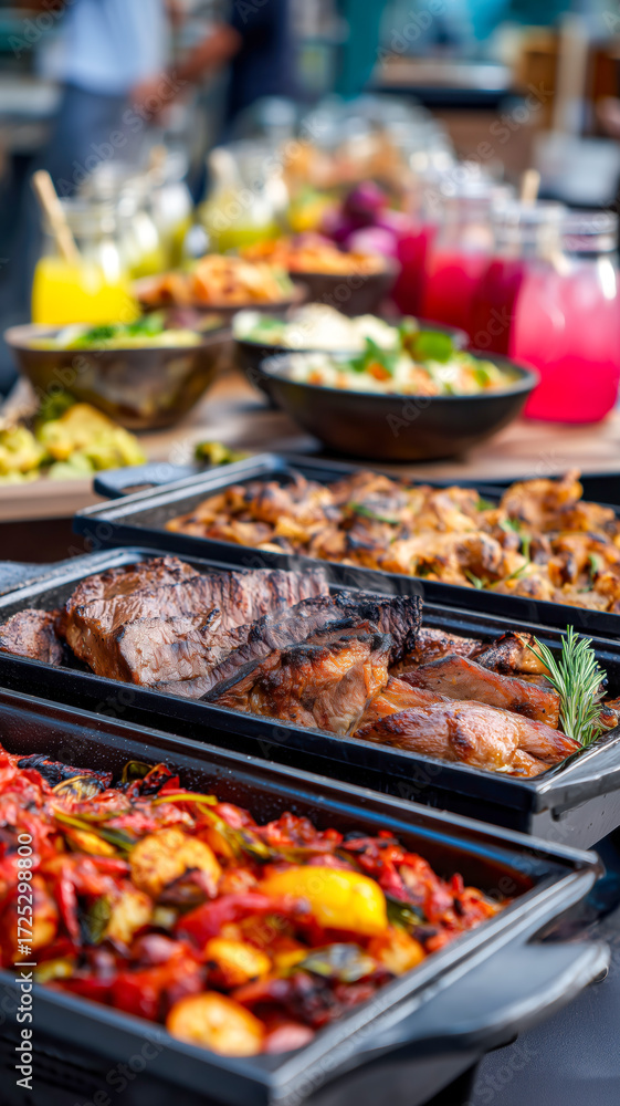Obraz premium A vibrant buffet spread with grilled meats, roasted vegetables, and refreshing drinks. Variety for every tastebud at a food event.