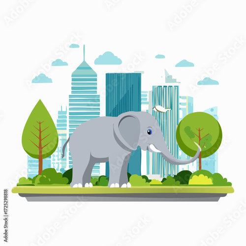 An illustration of an elephant standing in front of a city skyline with trees and clouds.
