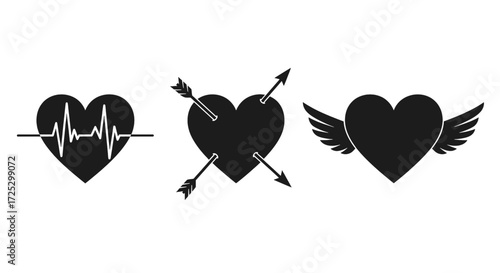 Heart health monitor, hearts with arrows, and heart with wings symbolizes love and emotions