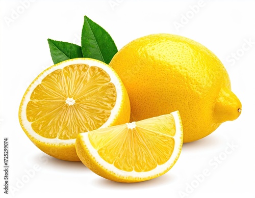 Closeup of Fresh Yellow Lemons with Green Leaves on White Background