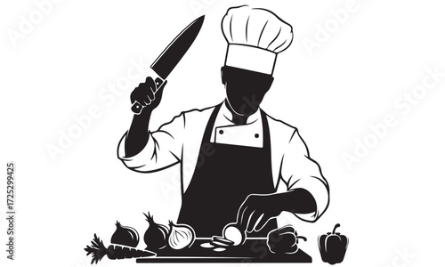 Professional Chef Silhouette Chopping Vegetables with Knife and Fresh Ingredients