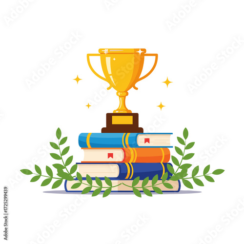 Golden Trophy Resting on Stack of Books Surrounded by Green Leaves.