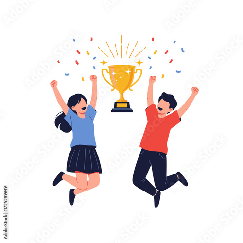 Two happy children jumping for joy celebrating a golden trophy with confetti.