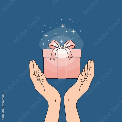 Hands holding a magical gift box with sparkling stars.
