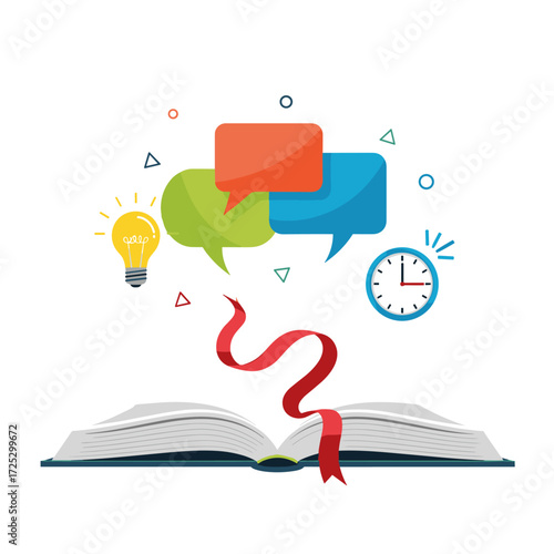 Open Book With Ideas And Communication Bubbles.