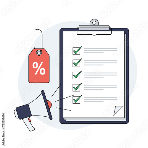 Checklist with Megaphone and Discount Tag Illustration.