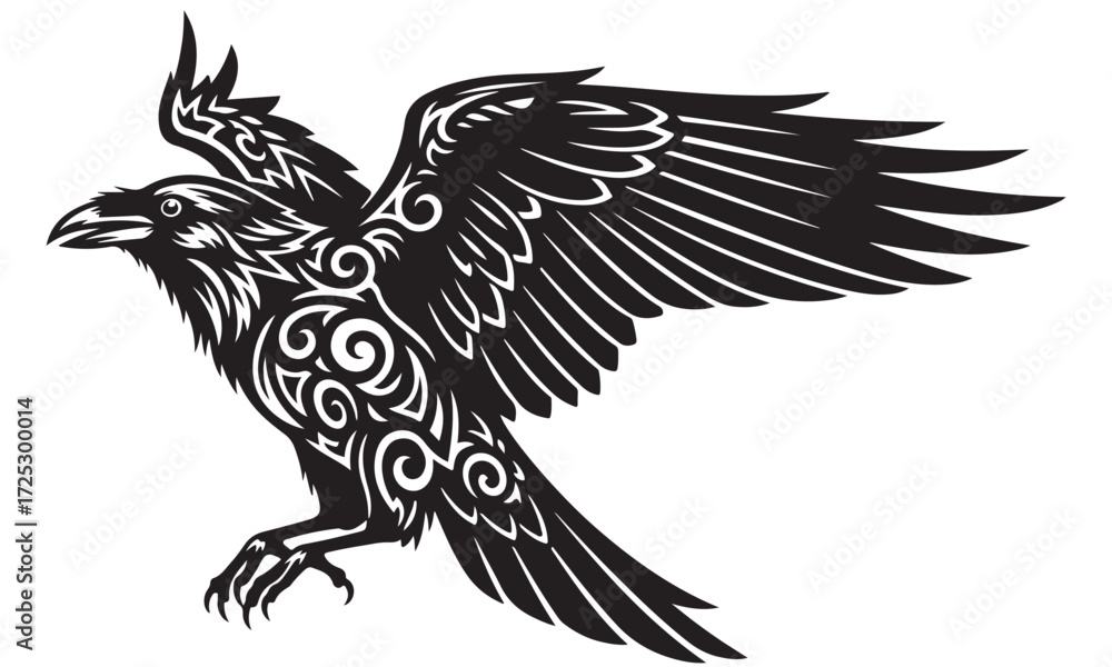 Obraz premium Stylized Flying Raven Silhouette with Ornate Decorative Patterns