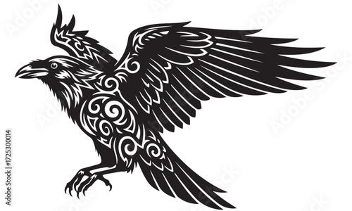 Stylized Flying Raven Silhouette with Ornate Decorative Patterns