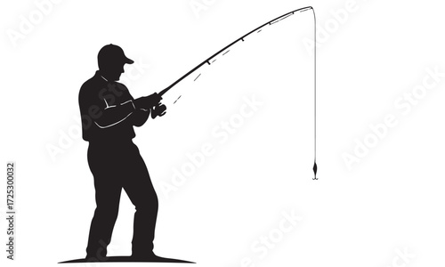Silhouette of an Angler with a Bending Fishing Rod