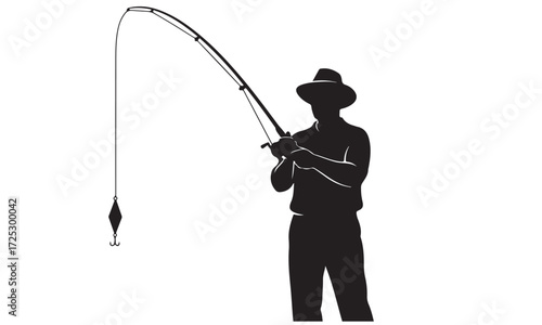 Angler Fishing Silhouette with Rod and Hook Against White Background
