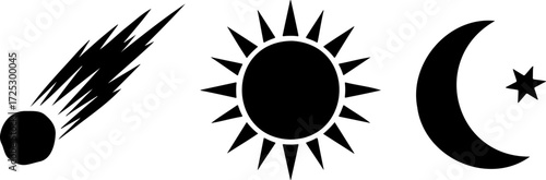 Stunning comet, bright sun, and peaceful crescent moon offer celestial beauty and cosmic wonder design element