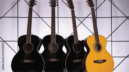 A set of four acoustic guitars arranged horizontally on a white and black checkered background