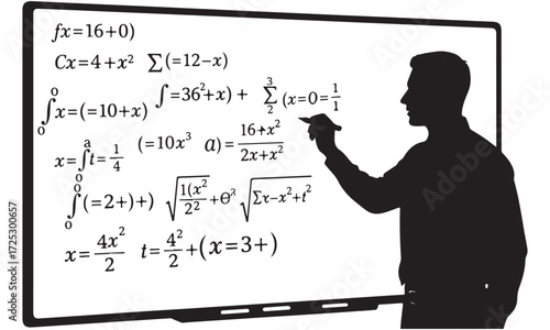 Silhouette of Educator Writing Complex Mathematical Equations on Whiteboard