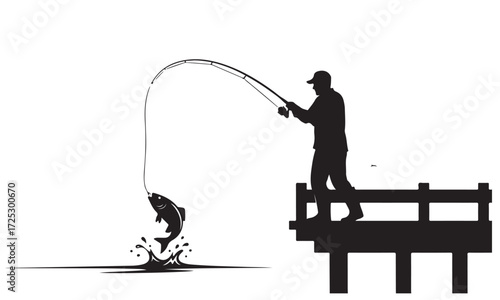 Silhouette of a Fisherman on a Dock Reeling in a Jumping Fish