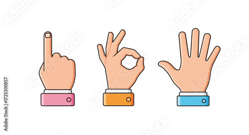 Expressive hand gestures communicate ideas, perfect for tutorials and graphic design projects, clean vector style